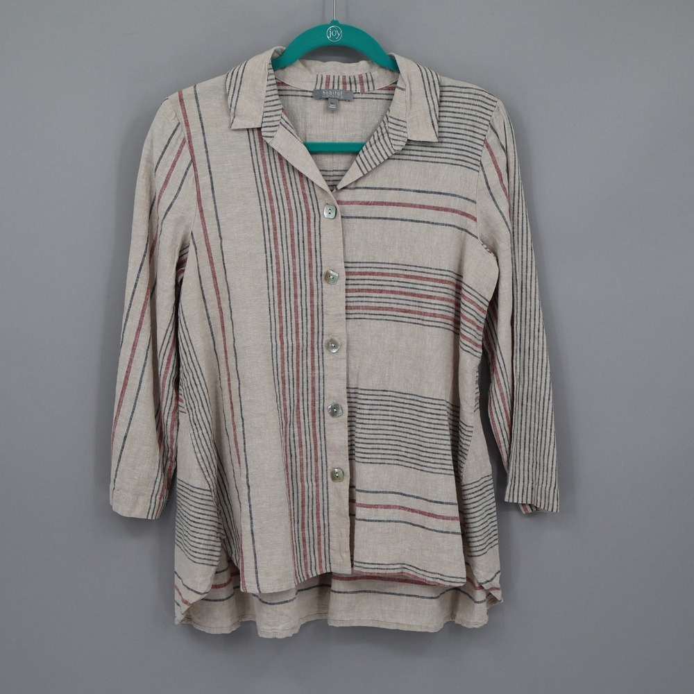 Habitat Linen Stripe Shirt Womens XS Beige Lagenlook Casual Flowy Boho Oversized